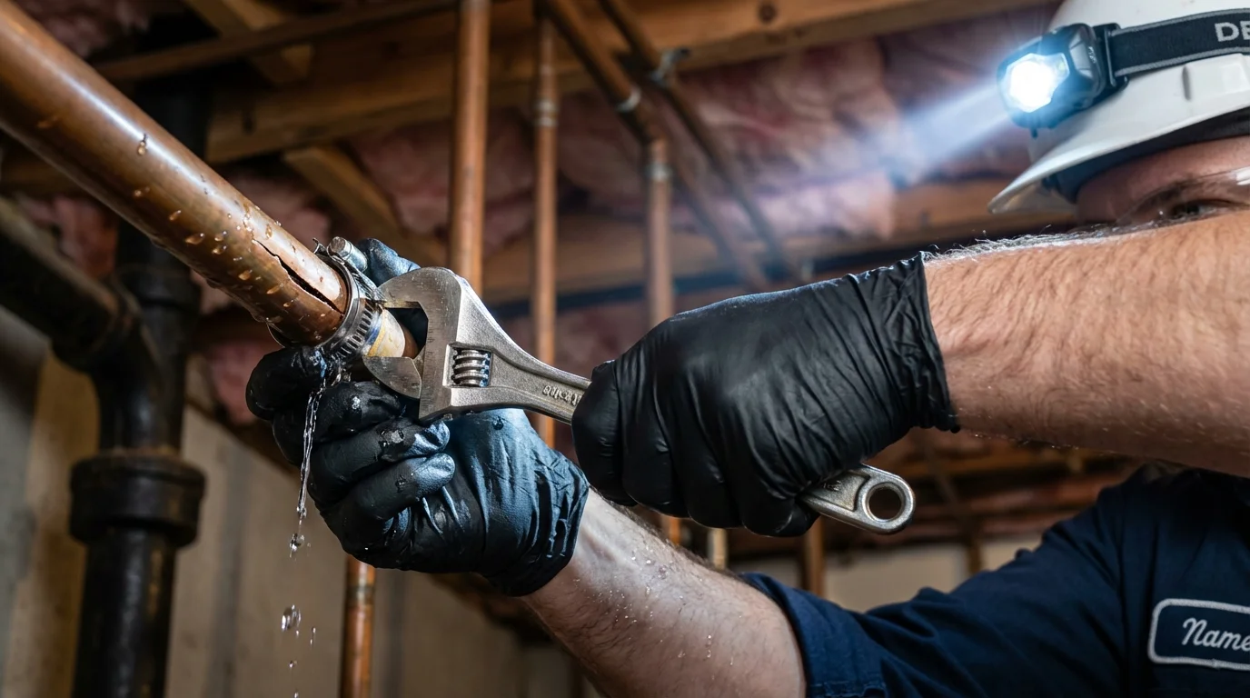 Emergency pipe clamp repair being performed by a Johns Plumbing LLC plumber in Slater