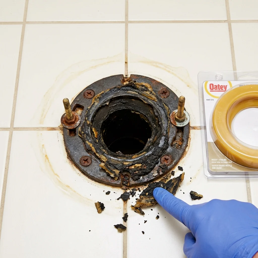 Failed wax ring showing water seepage at the base of a toilet in a Slater, IA home