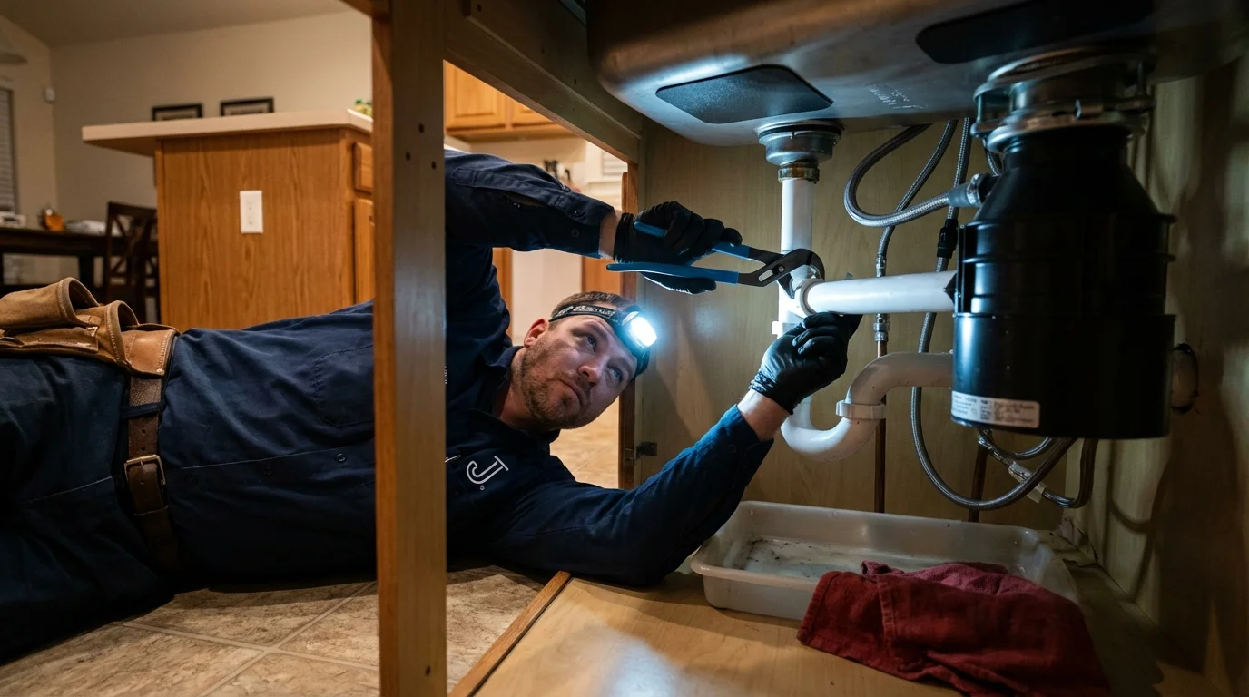 P-trap and supply line connections under a kitchen sink showing a common leak point in Slater, IA